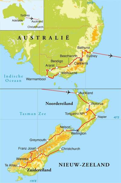 Routekaart Rondreis Australië & Nieuw-Zeeland, 30 dagen Routekaart Rondreis Australië & Nieuw-Zeeland, 30 dagen