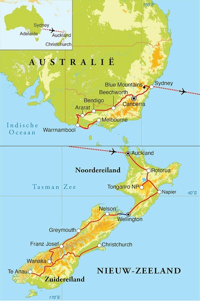 Routekaart Rondreis Australië & Nieuw-Zeeland, 30 dagen Routekaart Rondreis Australië & Nieuw-Zeeland, 30 dagen