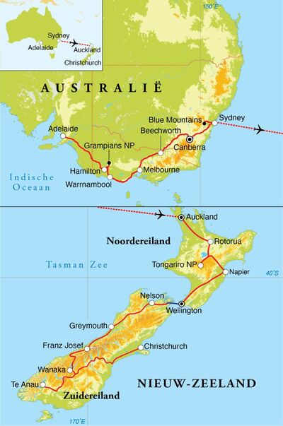 Routekaart Rondreis Australië & Nieuw-Zeeland, 30 dagen