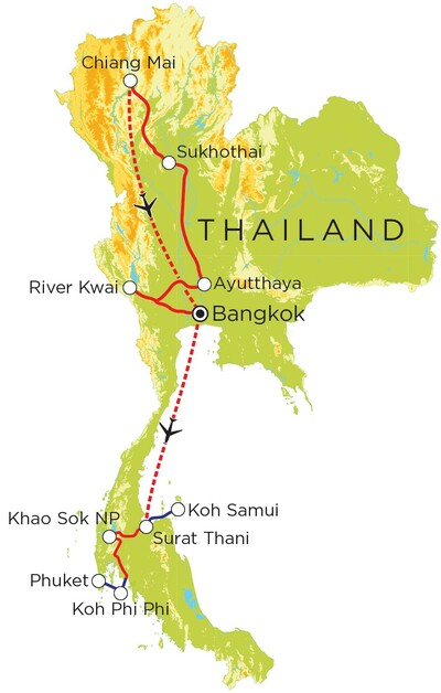Routekaart Thailand Noord & Zuid, 21 dagen Routekaart Thailand Noord & Zuid, 21 dagen