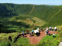 Tourists at Caldeira crater, Azores, Portugal