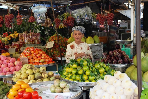 Vietnam Fietsreis Fruit Verkoopster markt Vietnam Fietsreis Fruit Verkoopster markt