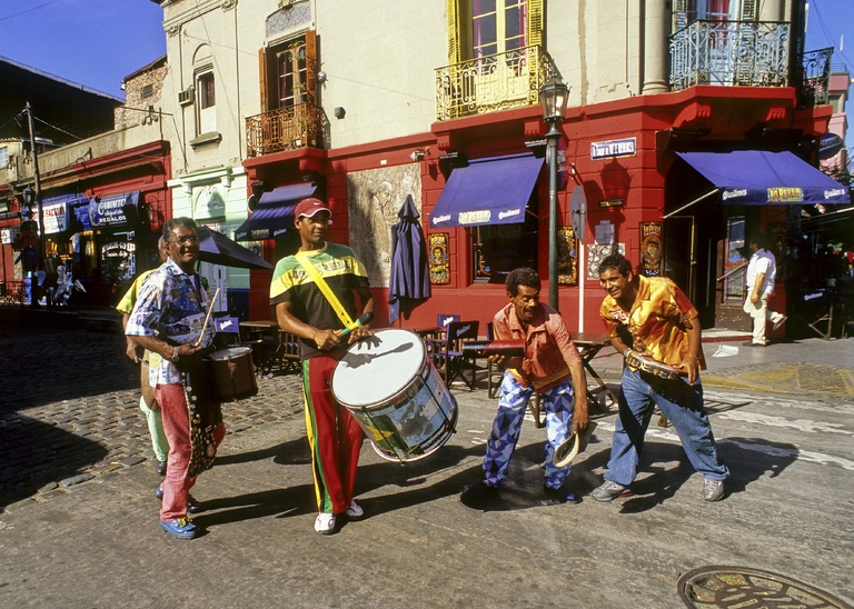 Band making music on the street at La Boca