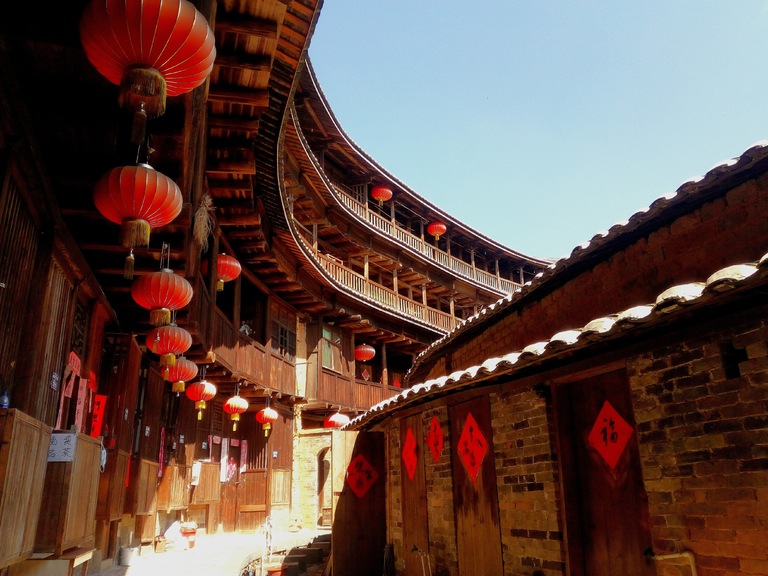 Street with lantern in Hakka Tulou House, Fujian, China