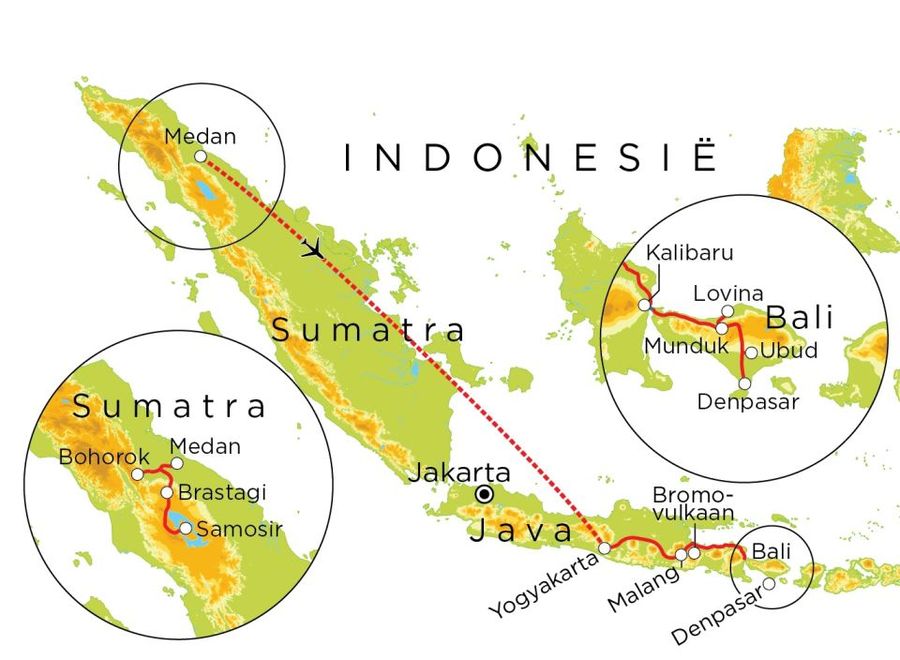 Routekaart Sumatra, Java & Bali, 23 dagen