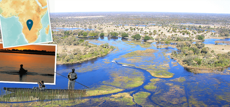 In een houten kano door de Okavango Delta